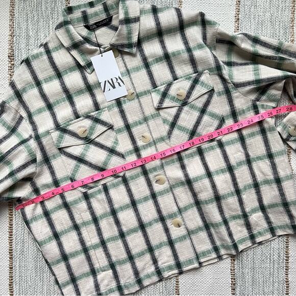 ZARA Green Cream Plaid Oversized Button Down Overshirt Shacket Womens Size Large - Picture 4 of 10
